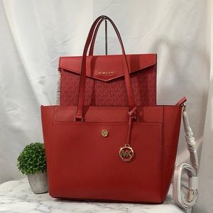 MWT Michael Kors Maisie Large Pebbled Leather 3-in-1 Tote Bag Flame Red MK Multi